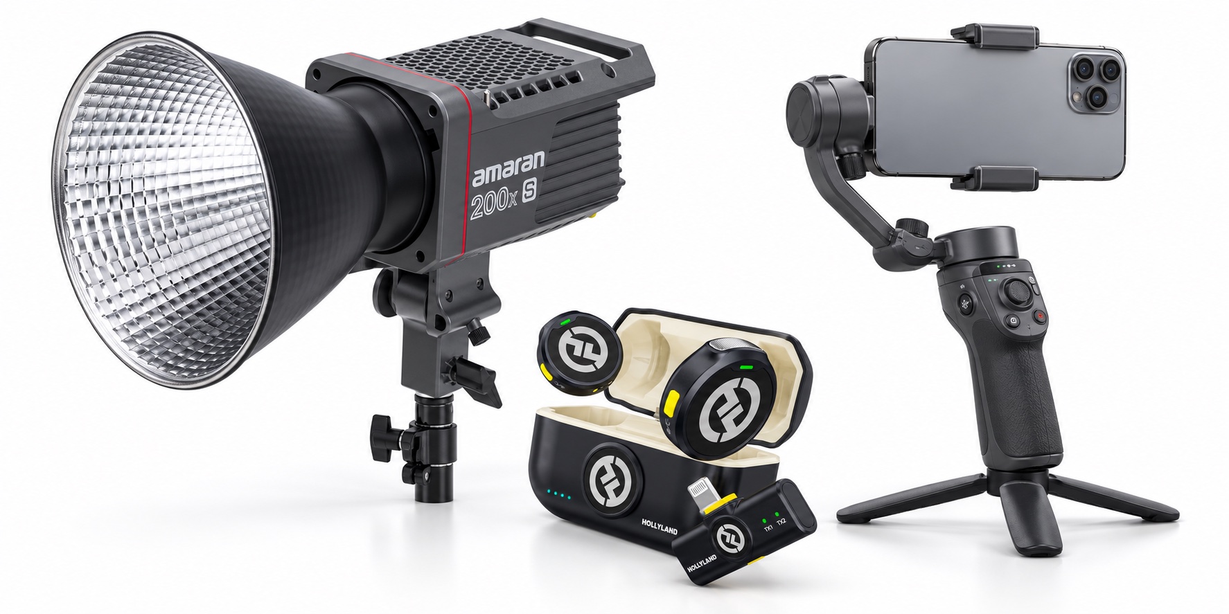 Iluminação LED, microfone e gimbal para celular