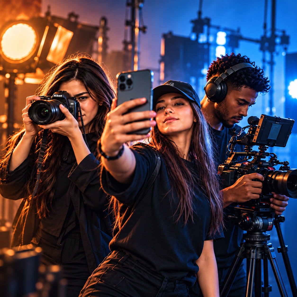 Três pessoas criando com celular, câmera fotográfica e câmera de vídeo